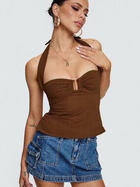 Princess Polly Isabetta Top Brown Halter Tube Top with O-Ring Detail Ruched Sz 8